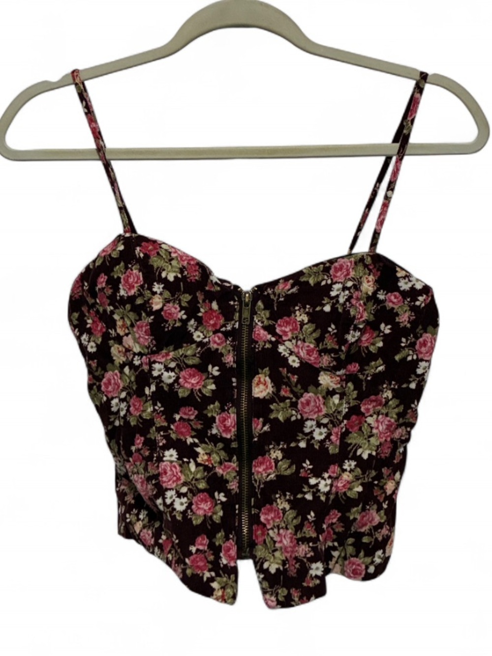 Y2K Forever 21 Floral Zip-Front Spaghetti Strap Corduroy Bustier Tank Top